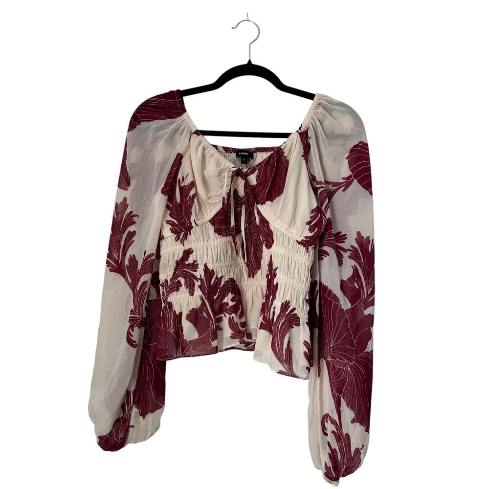 Express Top Size XS‎ Burgundy White Balloon Sleeve Smocked Cropped Boho Peasant